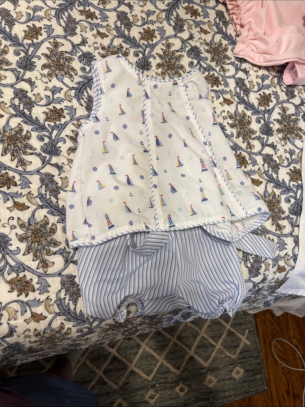 Nautical Sailboat Print Tank & Striped Shorts Set - White/Blue